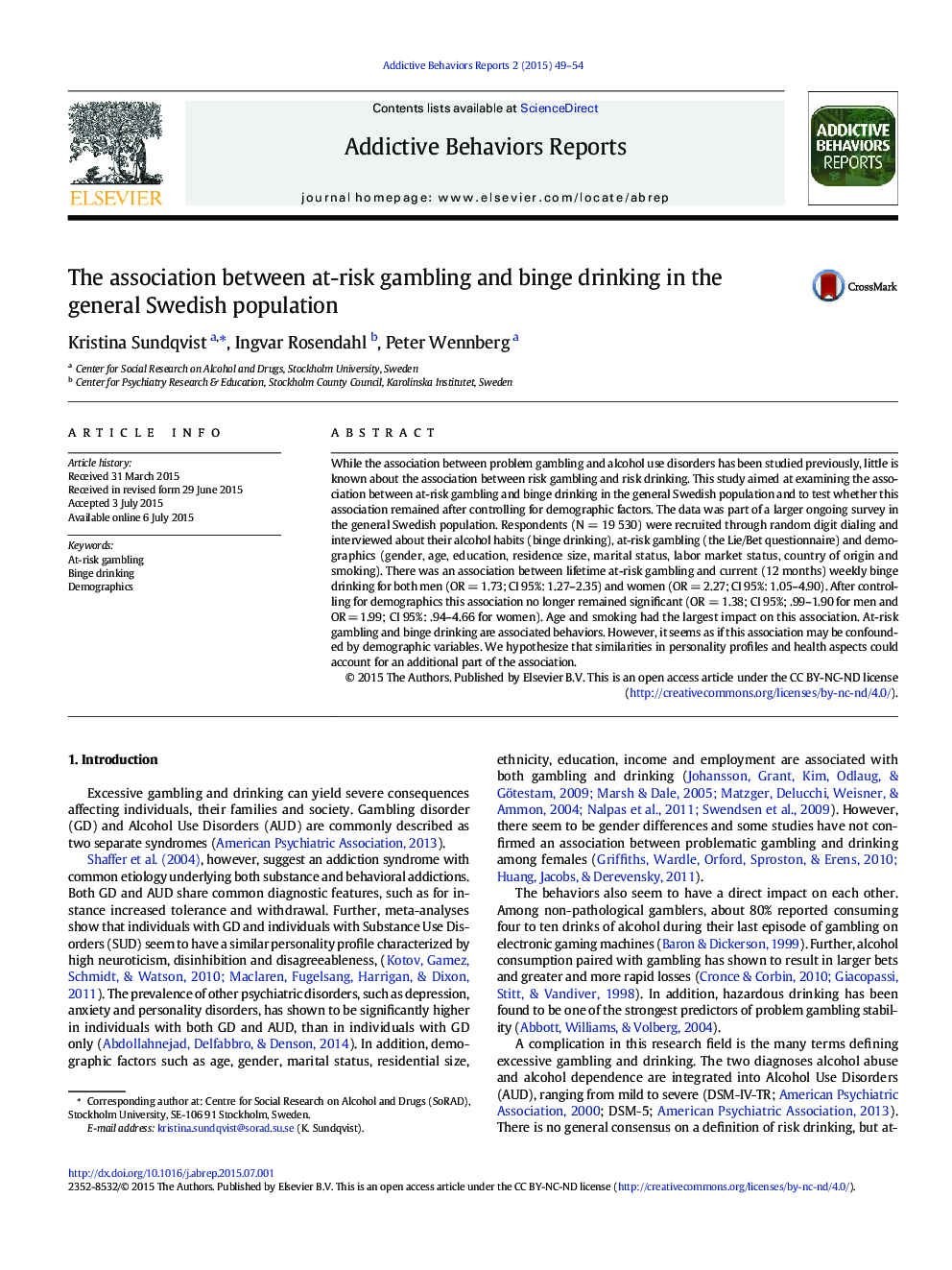 The association between at-risk gambling and binge drinking in the general Swedish population