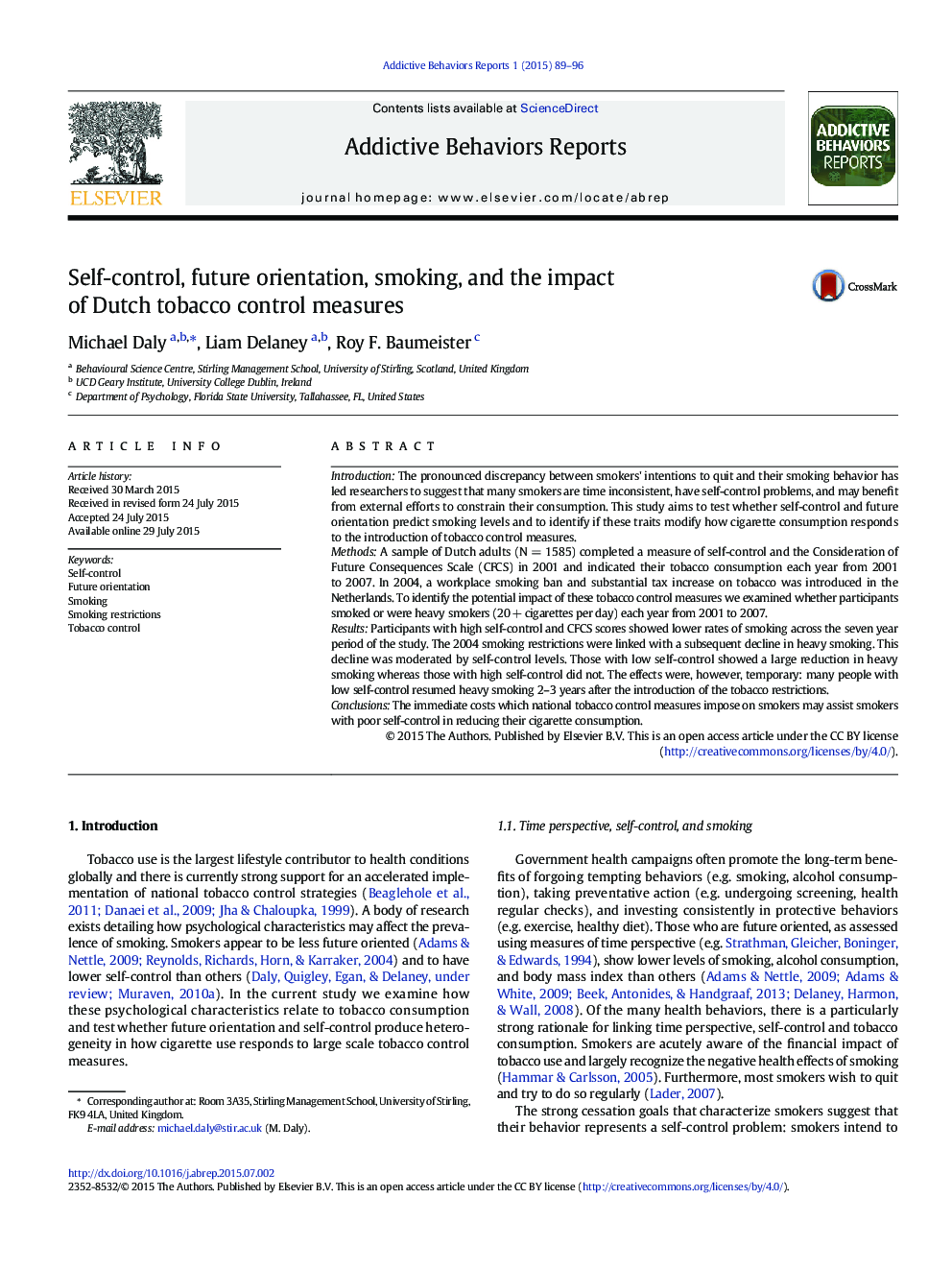 Self-control, future orientation, smoking, and the impact of Dutch tobacco control measures