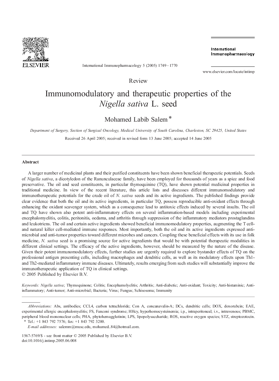 Immunomodulatory and therapeutic properties of the Nigella sativa L. seed