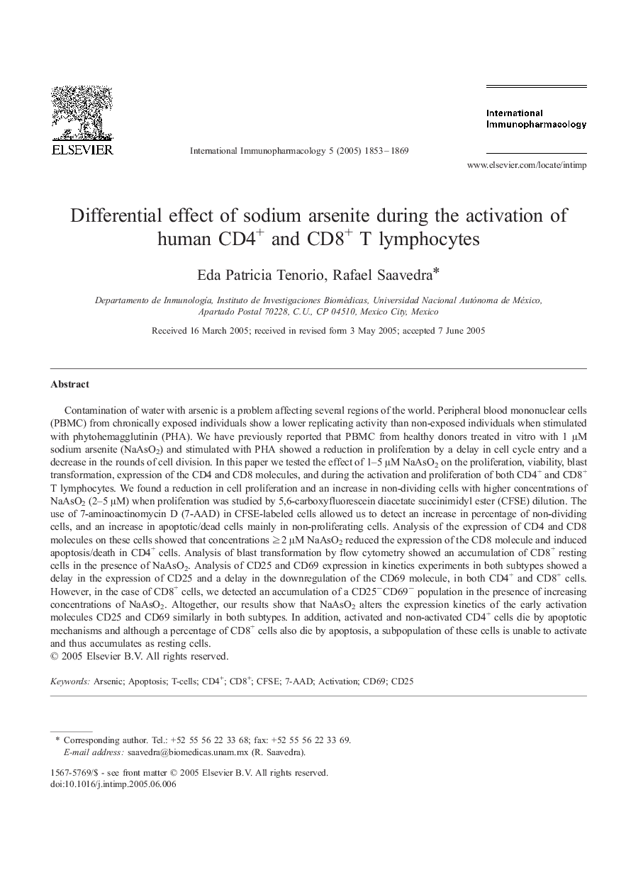 Differential effect of sodium arsenite during the activation of human CD4+ and CD8+ T lymphocytes