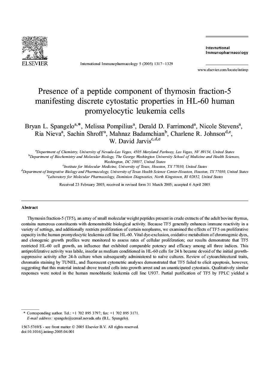 Presence of a peptide component of thymosin fraction-5 manifesting discrete cytostatic properties in HL-60 human promyelocytic leukemia cells