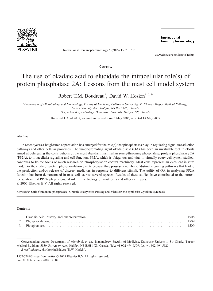 The use of okadaic acid to elucidate the intracellular role(s) of protein phosphatase 2A: Lessons from the mast cell model system