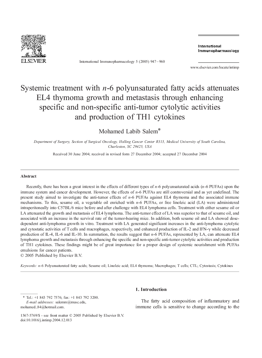 Systemic treatment with n-6 polyunsaturated fatty acids attenuates EL4 thymoma growth and metastasis through enhancing specific and non-specific anti-tumor cytolytic activities and production of TH1 cytokines