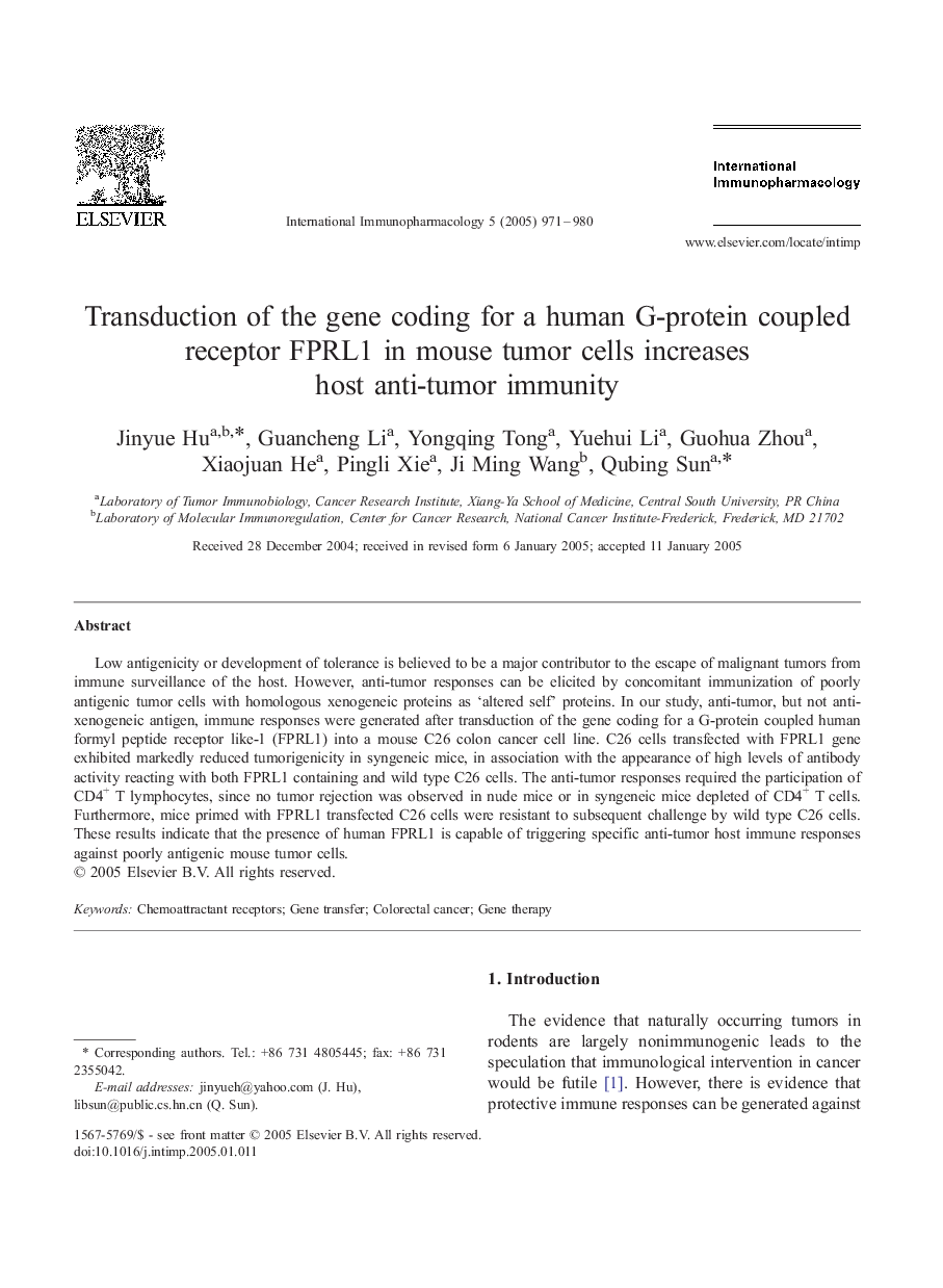 Transduction of the gene coding for a human G-protein coupled receptor FPRL1 in mouse tumor cells increases host anti-tumor immunity