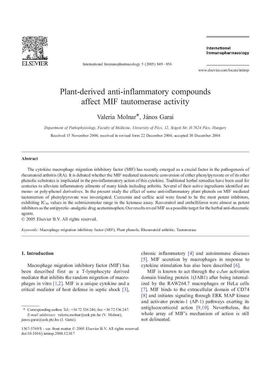 Plant-derived anti-inflammatory compounds affect MIF tautomerase activity