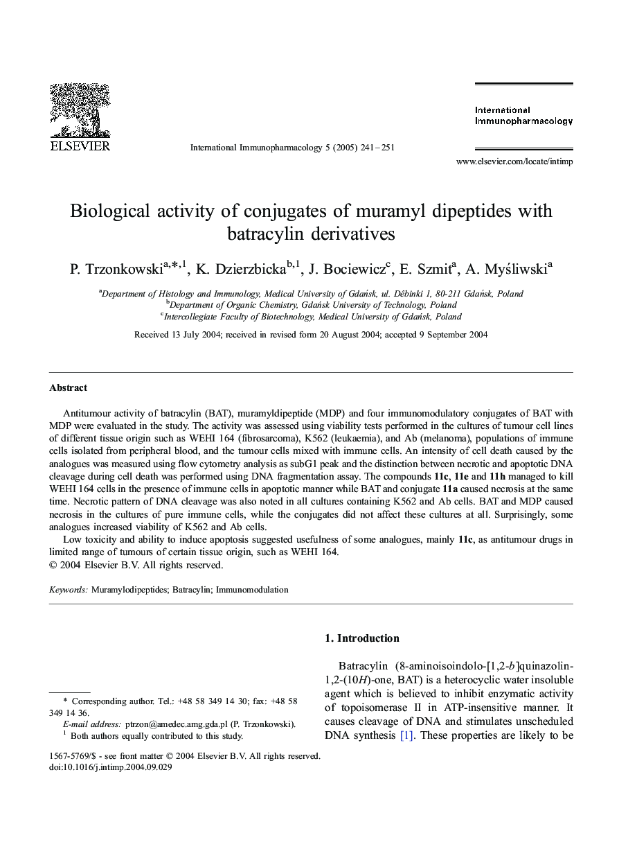 Biological activity of conjugates of muramyl dipeptides with batracylin derivatives