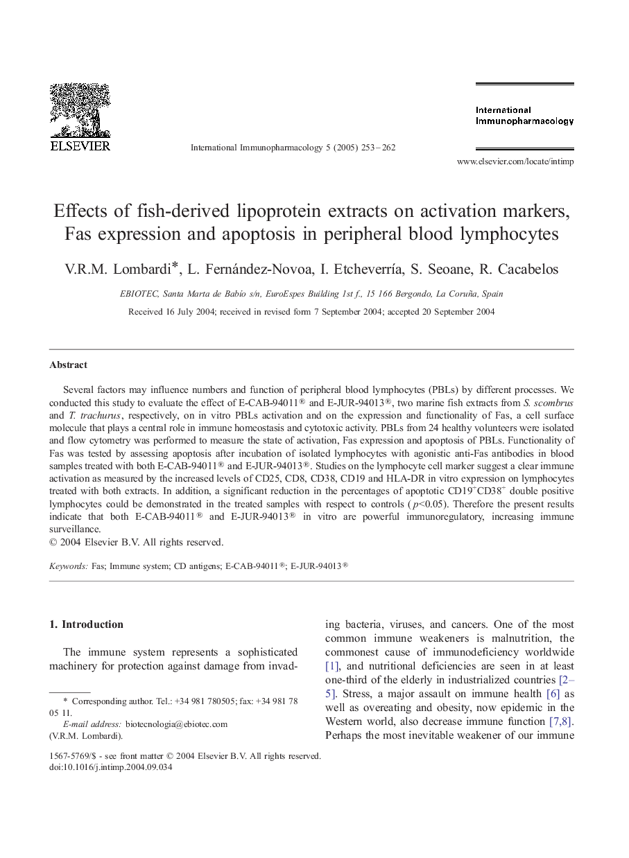 Effects of fish-derived lipoprotein extracts on activation markers, Fas expression and apoptosis in peripheral blood lymphocytes