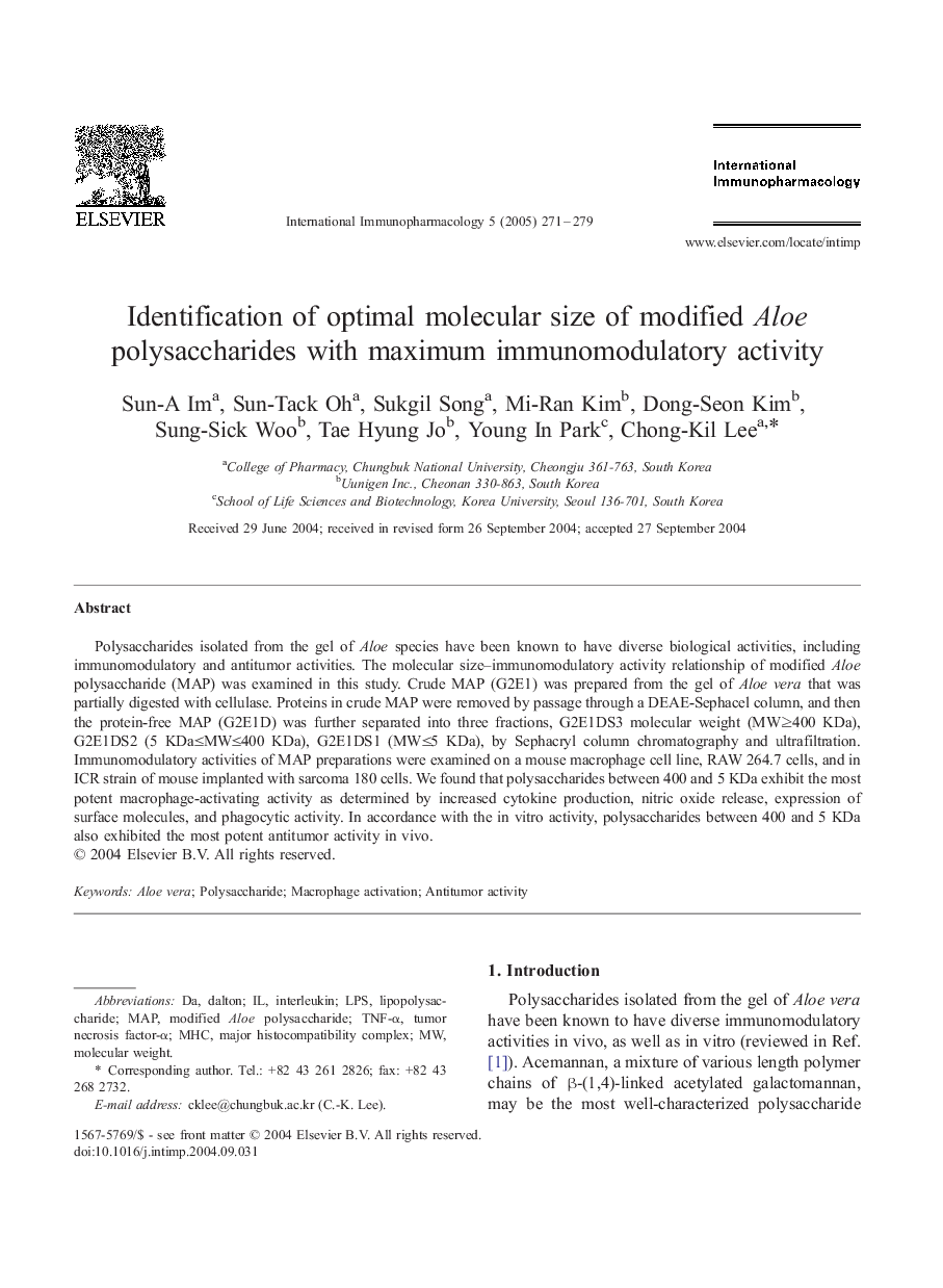 Identification of optimal molecular size of modified Aloe polysaccharides with maximum immunomodulatory activity