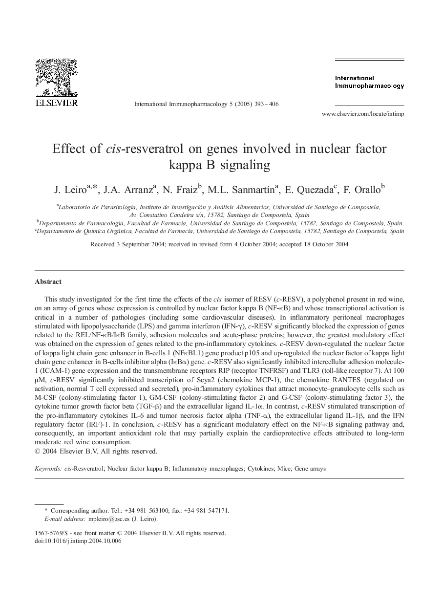 Effect of cis-resveratrol on genes involved in nuclear factor kappa B signaling