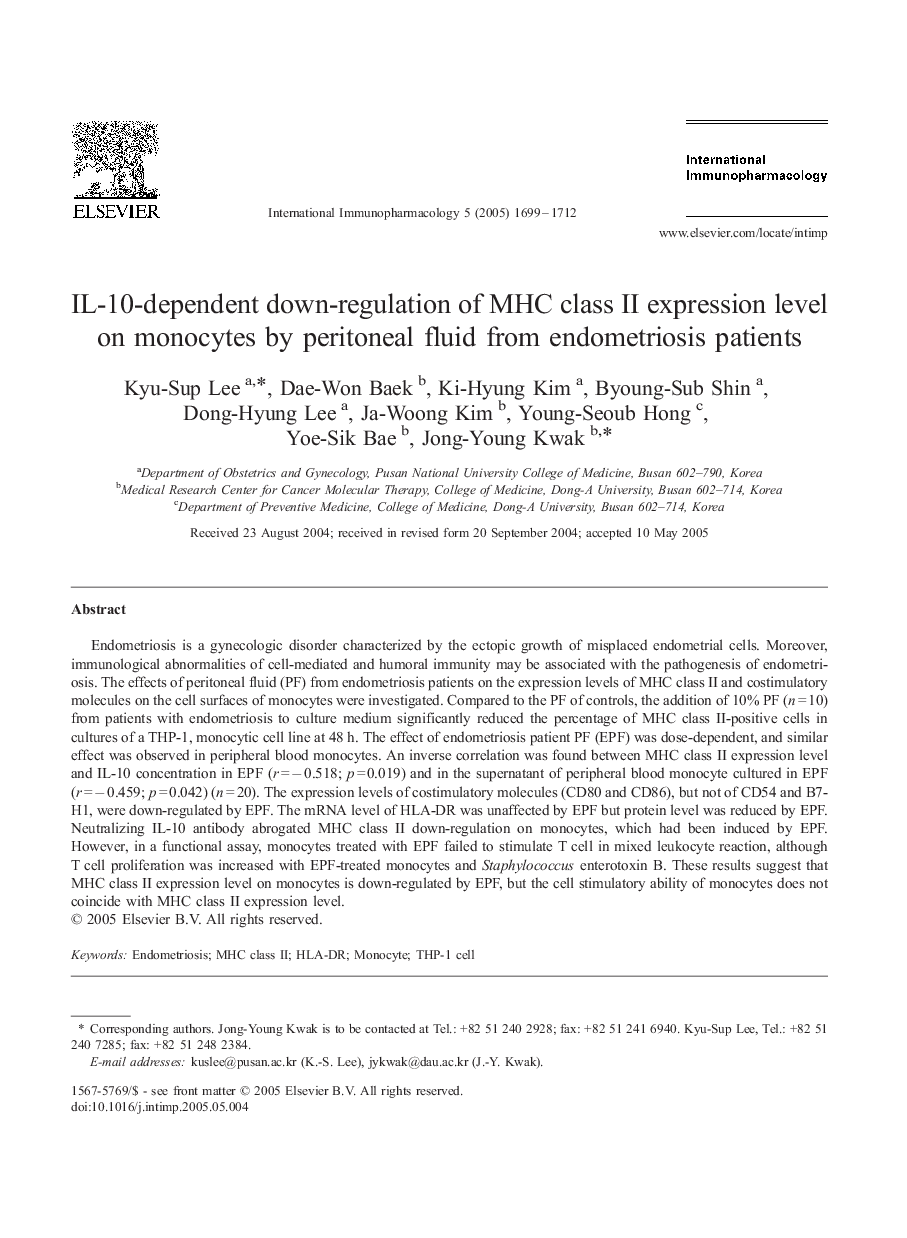 IL-10-dependent down-regulation of MHC class II expression level on monocytes by peritoneal fluid from endometriosis patients