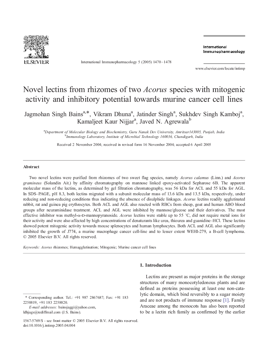 Novel lectins from rhizomes of two Acorus species with mitogenic activity and inhibitory potential towards murine cancer cell lines