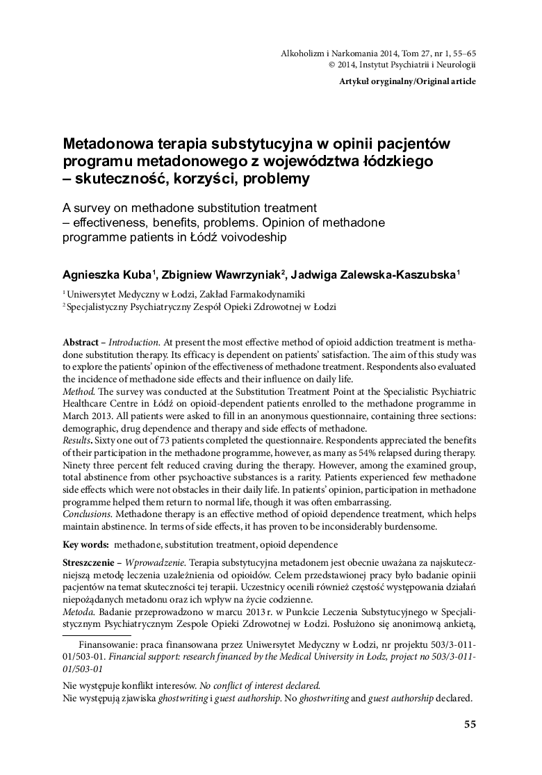 Metadonowa terapia substytucyjna w opinii pacjentów programu metadonowego z województwa łódzkiego – skuteczność, korzyści, problemy