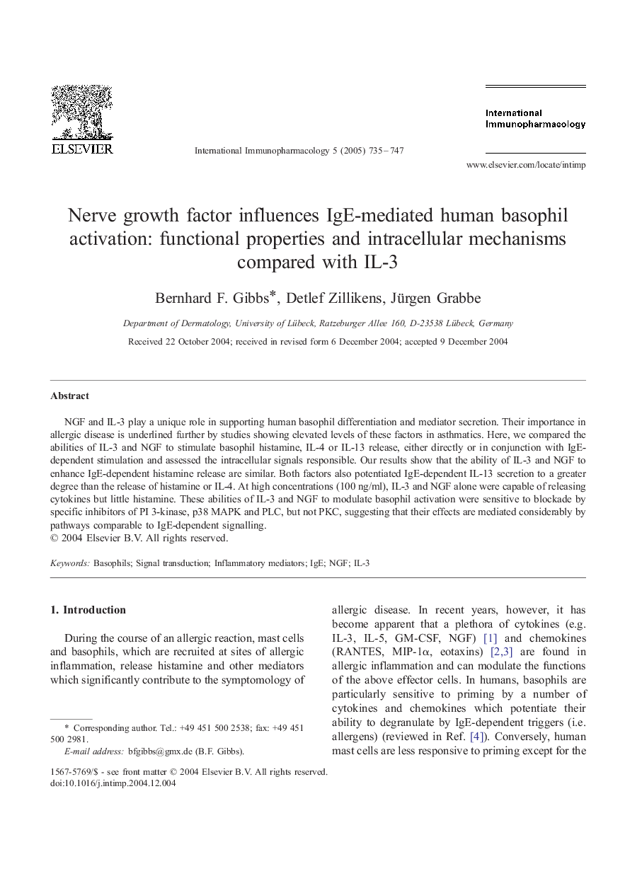 Nerve growth factor influences IgE-mediated human basophil activation: functional properties and intracellular mechanisms compared with IL-3