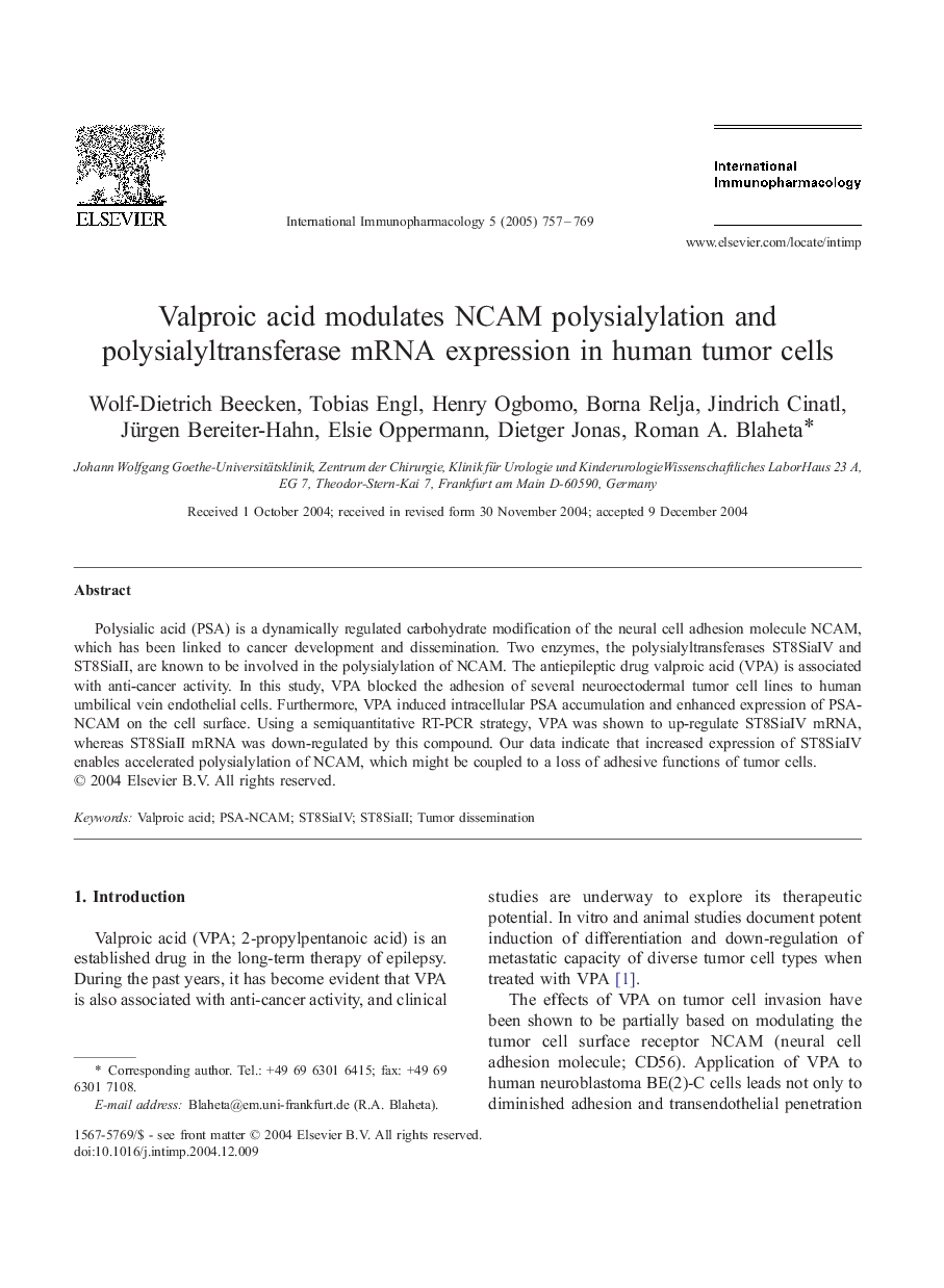 Valproic acid modulates NCAM polysialylation and polysialyltransferase mRNA expression in human tumor cells