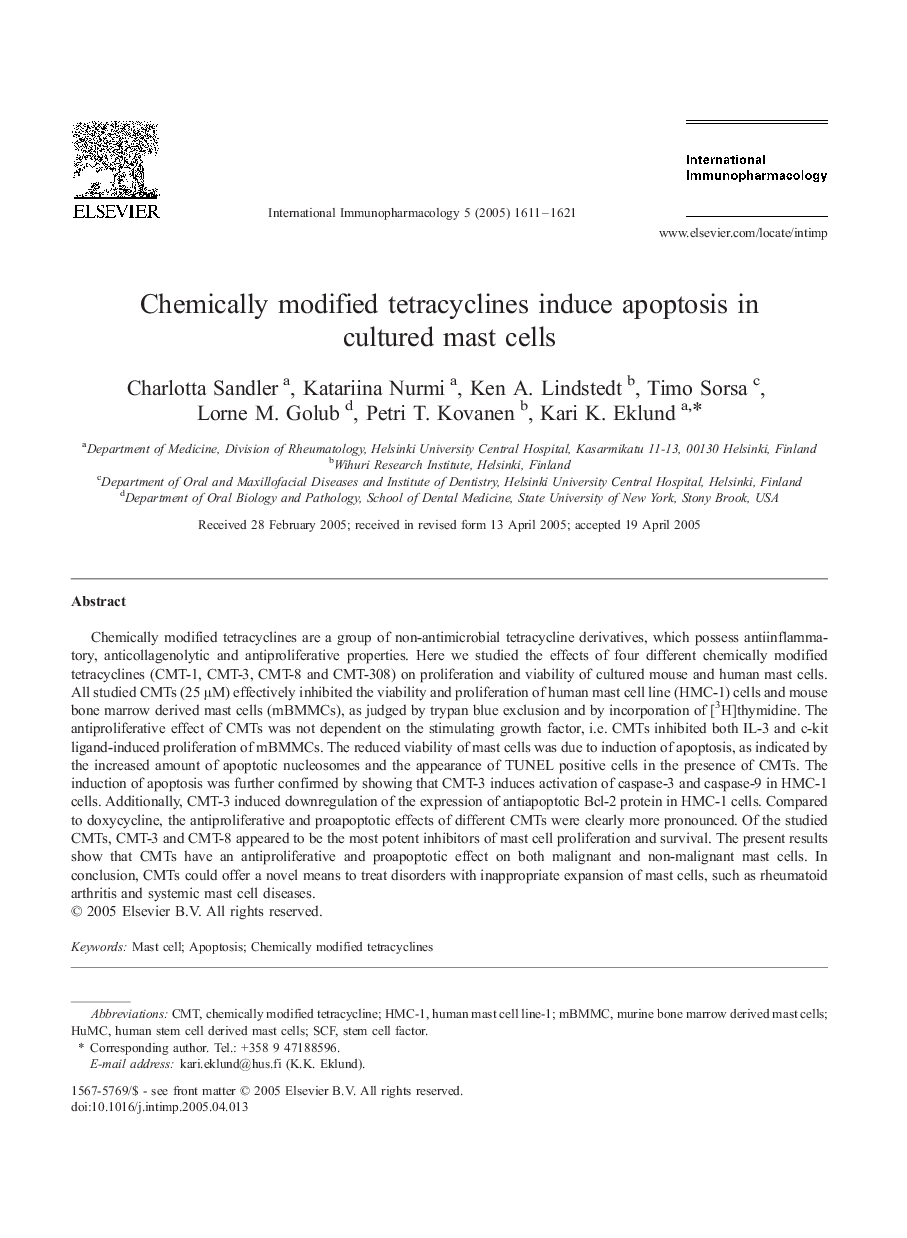 Chemically modified tetracyclines induce apoptosis in cultured mast cells