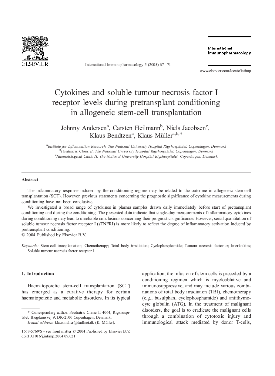 Cytokines and soluble tumour necrosis factor I receptor levels during pretransplant conditioning in allogeneic stem-cell transplantation