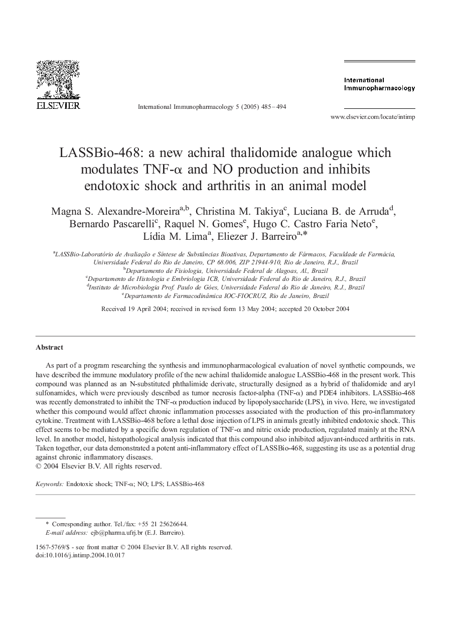 LASSBio-468: a new achiral thalidomide analogue which modulates TNF-Î± and NO production and inhibits endotoxic shock and arthritis in an animal model