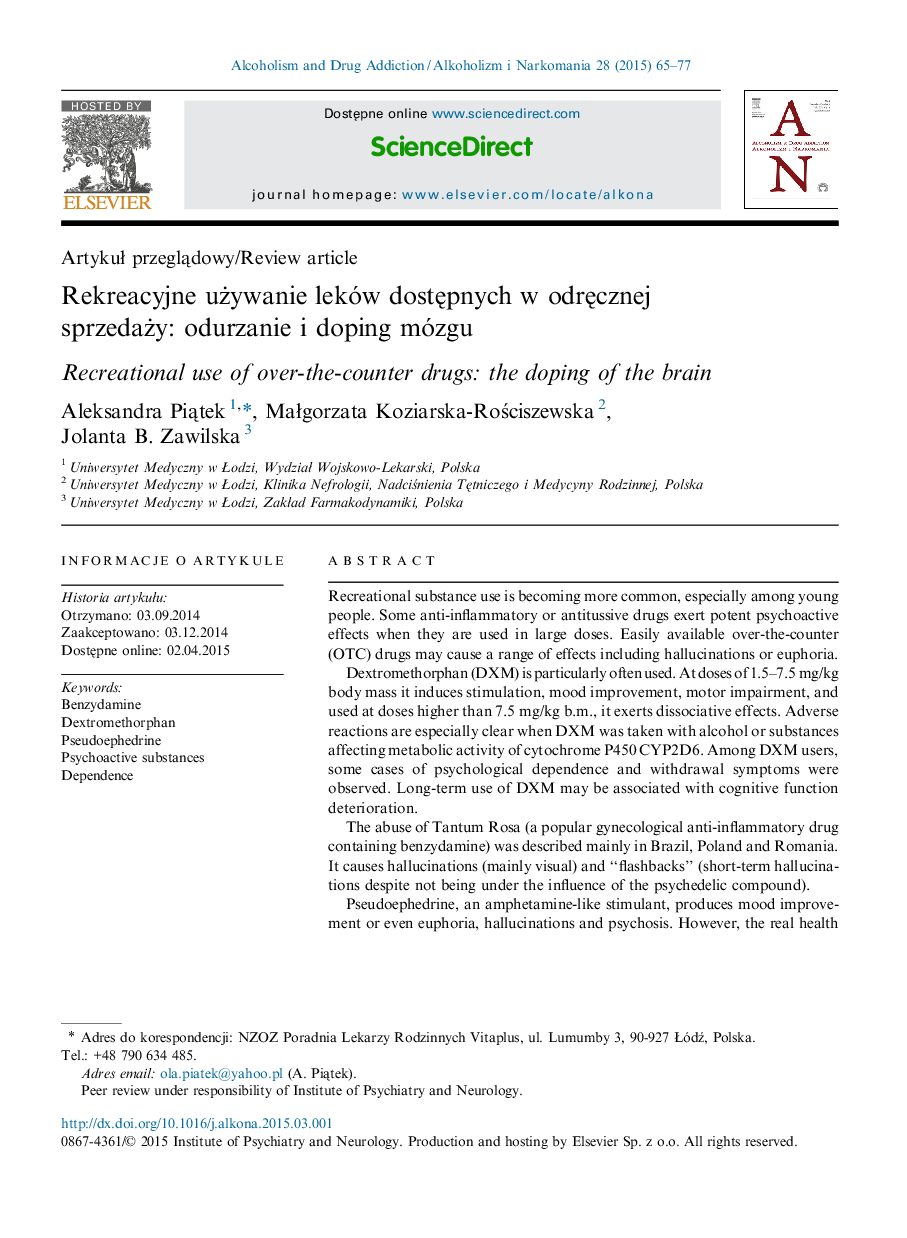 Rekreacyjne używanie leków dostępnych w odręcznej sprzedaży: odurzanie i doping mózgu 