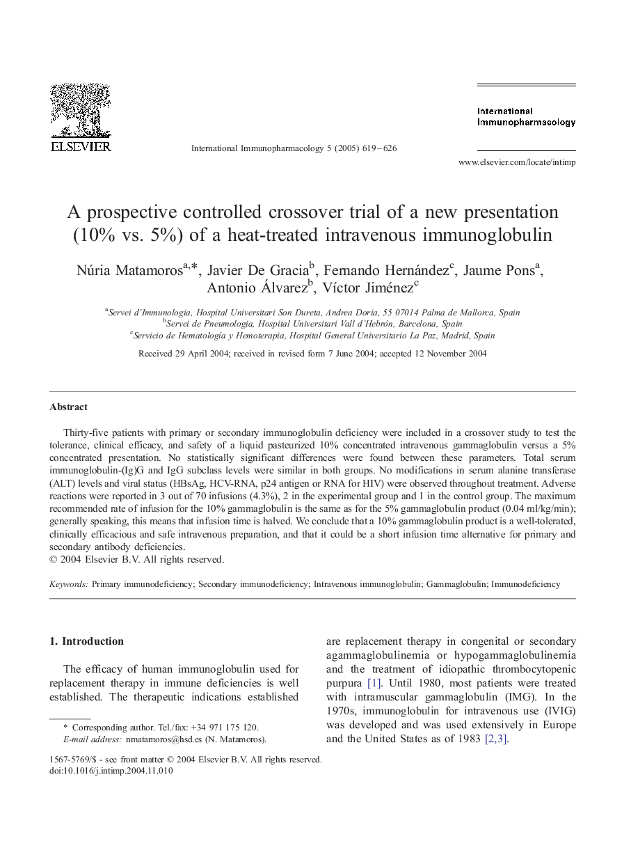 A prospective controlled crossover trial of a new presentation (10% vs. 5%) of a heat-treated intravenous immunoglobulin