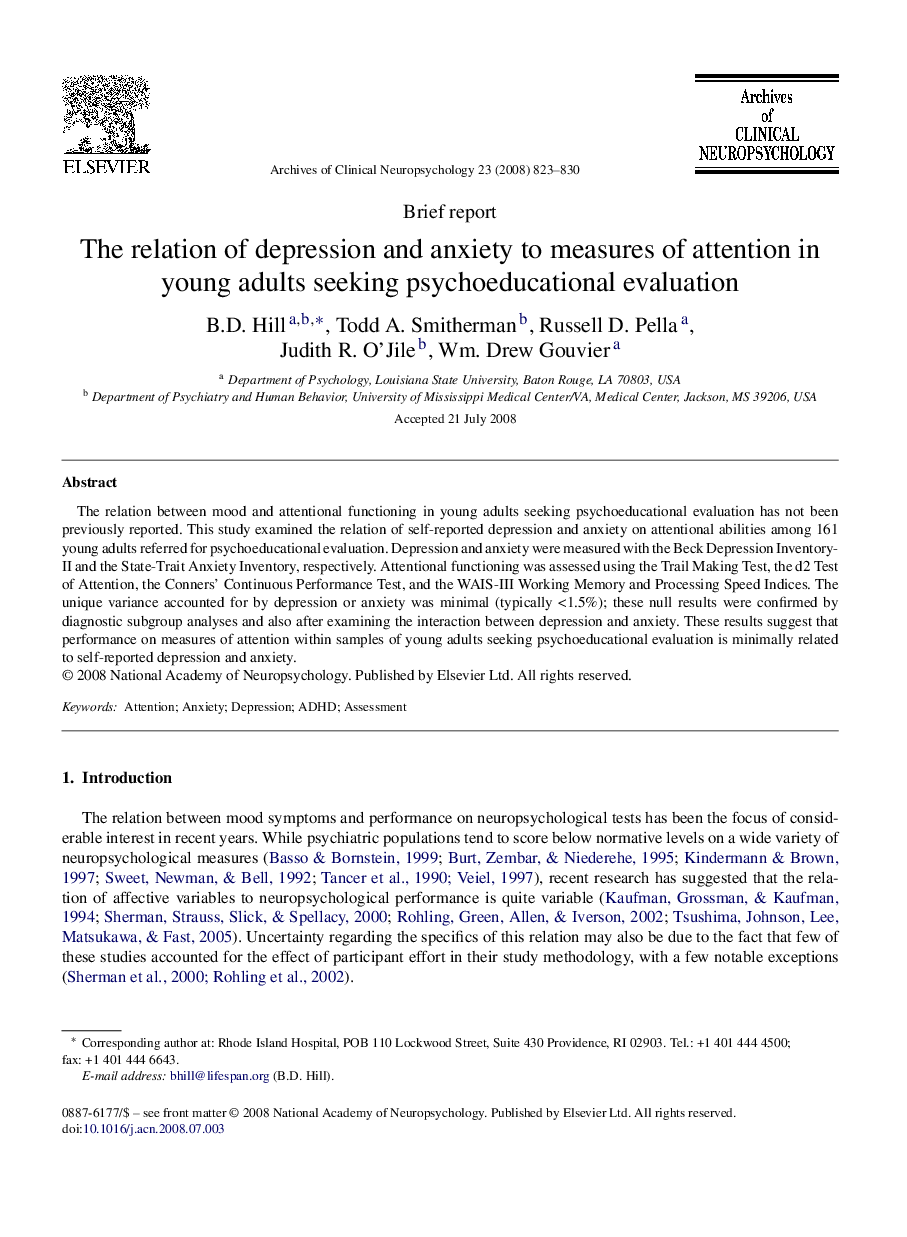 The relation of depression and anxiety to measures of attention in young adults seeking psychoeducational evaluation