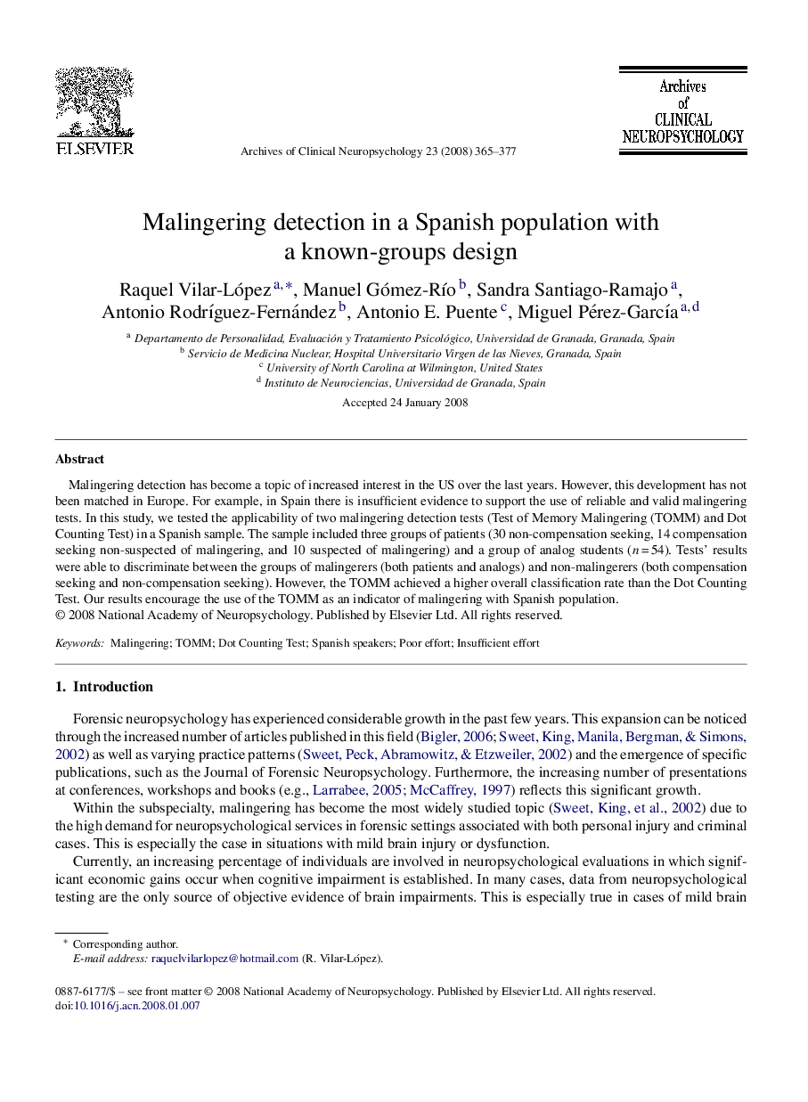 Malingering detection in a Spanish population with a known-groups design