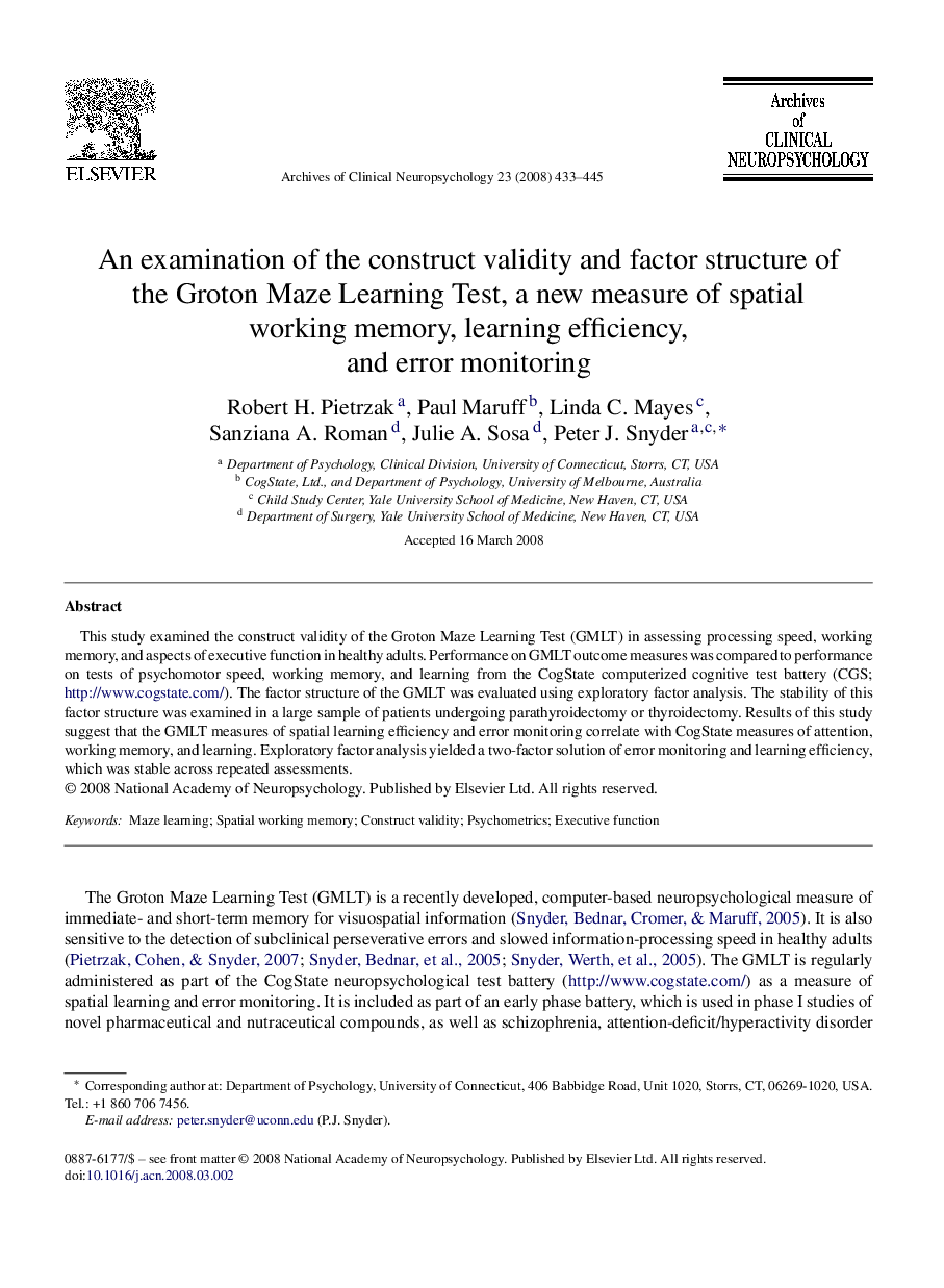 An examination of the construct validity and factor structure of the Groton Maze Learning Test, a new measure of spatial working memory, learning efficiency, and error monitoring