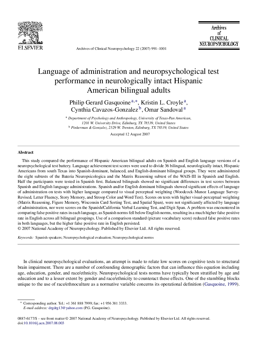 Language of administration and neuropsychological test performance in neurologically intact Hispanic American bilingual adults