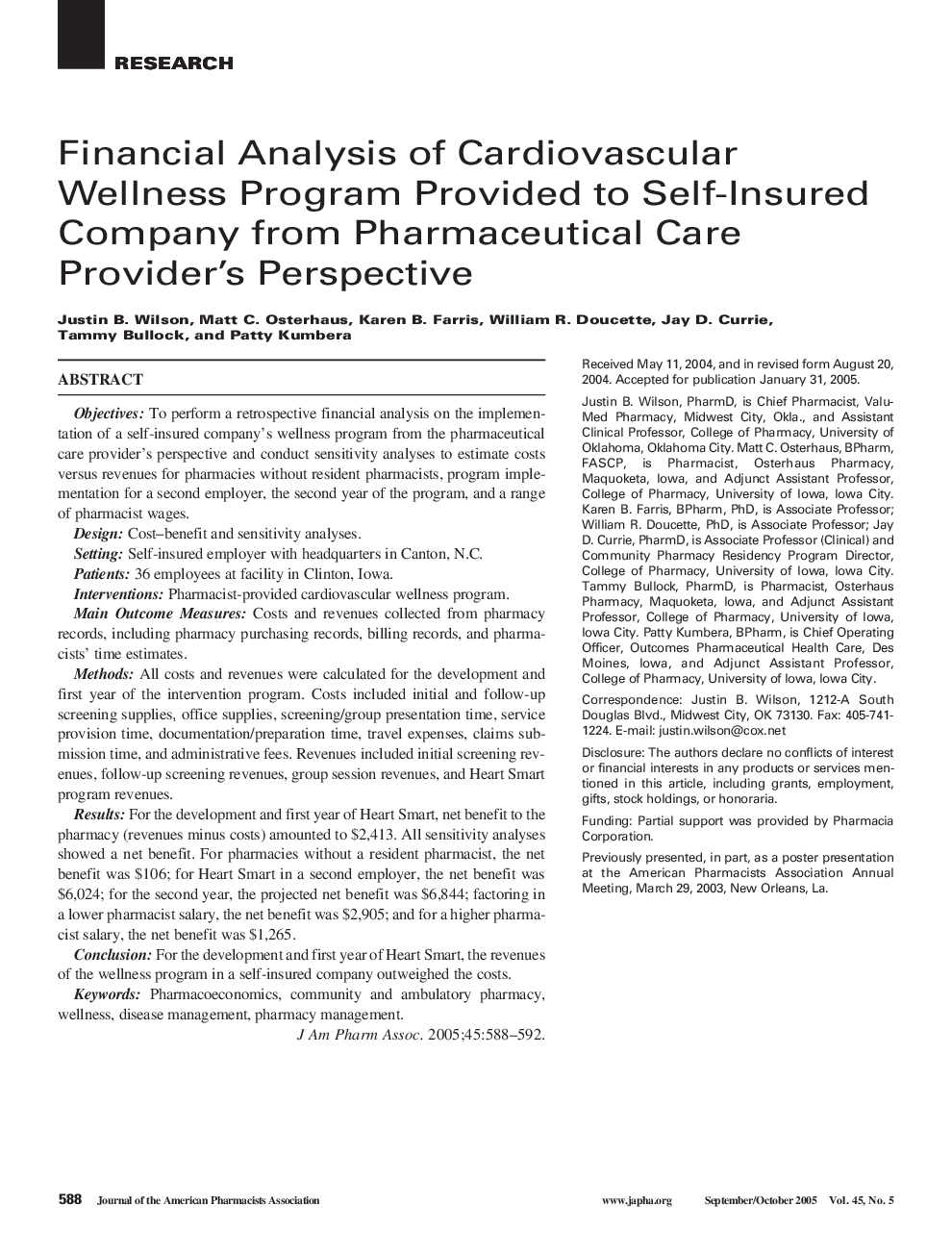 Financial Analysis of Cardiovascular Wellness Program Provided to Self-Insured Company from Pharmaceutical Care Provider's Perspective