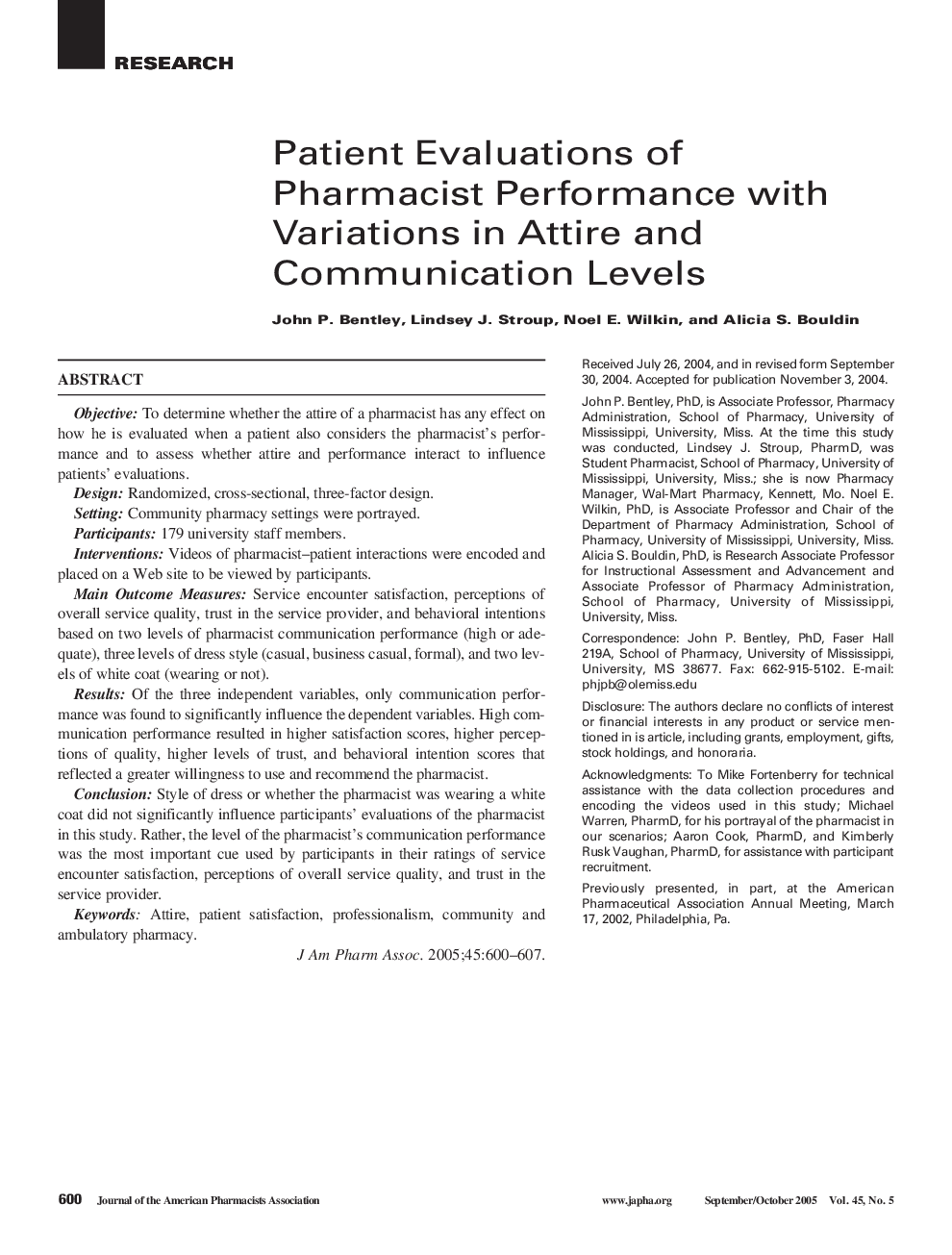 Patient Evaluations of Pharmacist Performance with Variations in Attire and Communication Levels