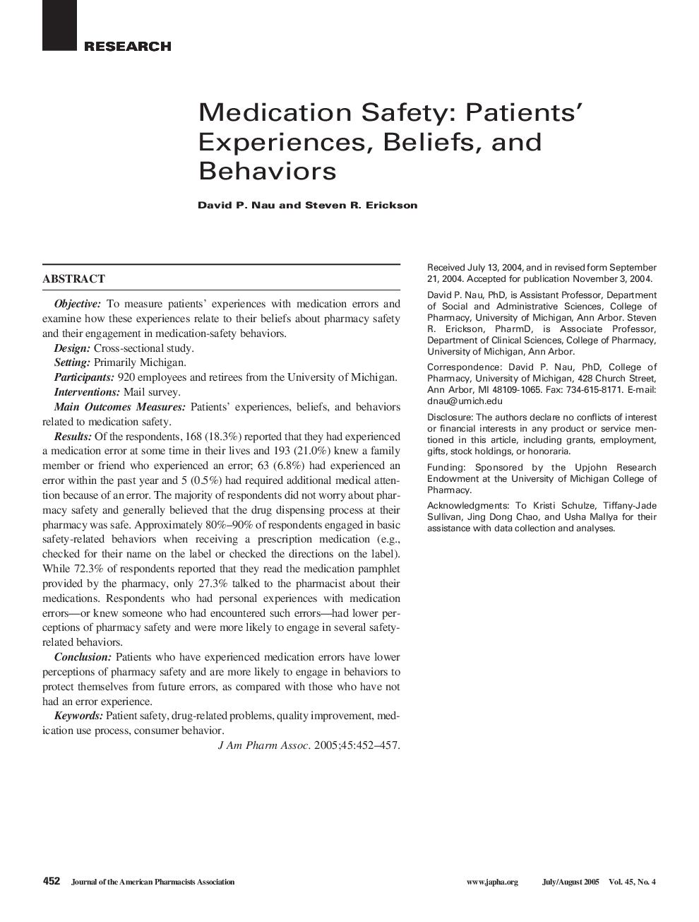 Medication Safety: Patients' Experiences, Beliefs, and Behaviors