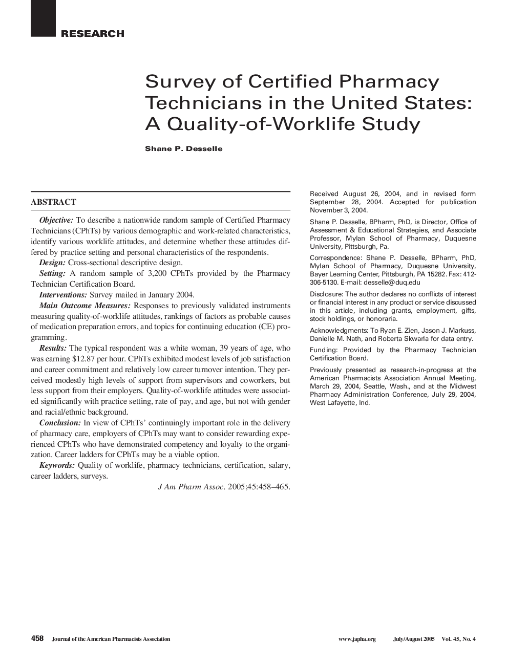 Survey of Certified Pharmacy Technicians in the United States: A Quality-of-Worklife Study