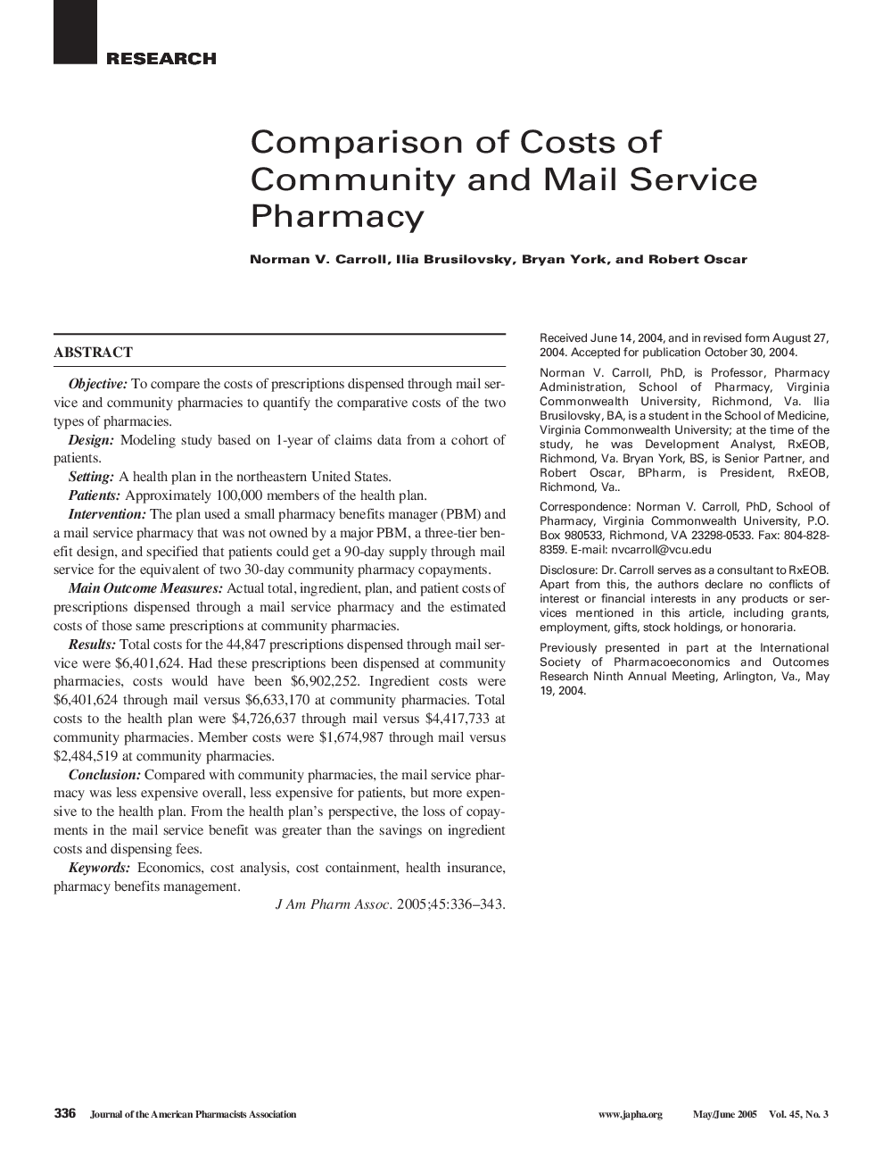 Comparison of Costs of Community and Mail Service Pharmacy