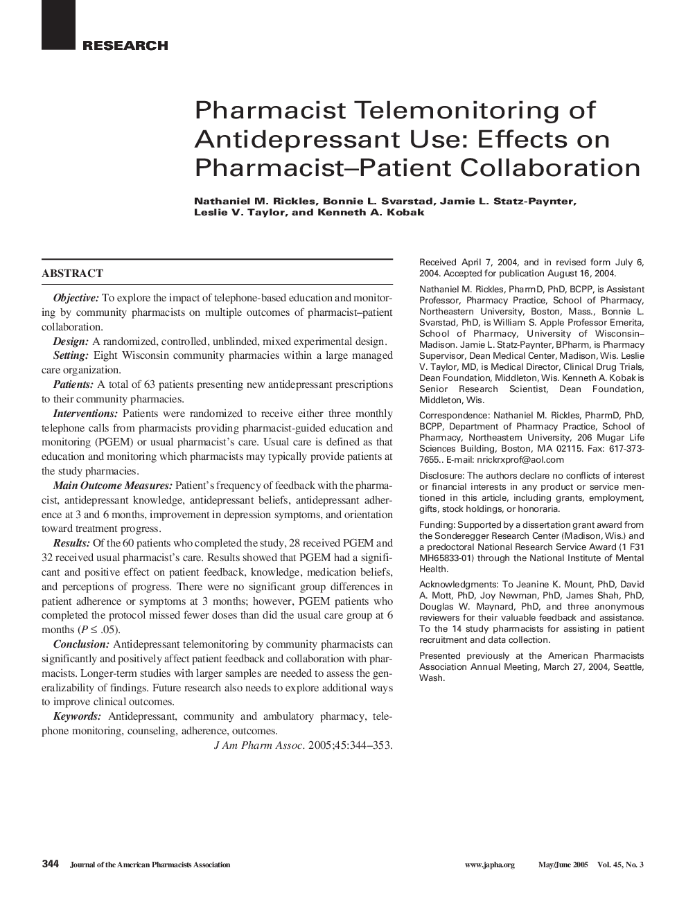 عکس صفحه اول مقاله: Pharmacist Telemonitoring of Antidepressant Use: Effects on Pharmacist-Patient Collaboration Pharmacist Telemonitoring of Antidepressant Use: Effects on Pharmacist-Patient Collaboration