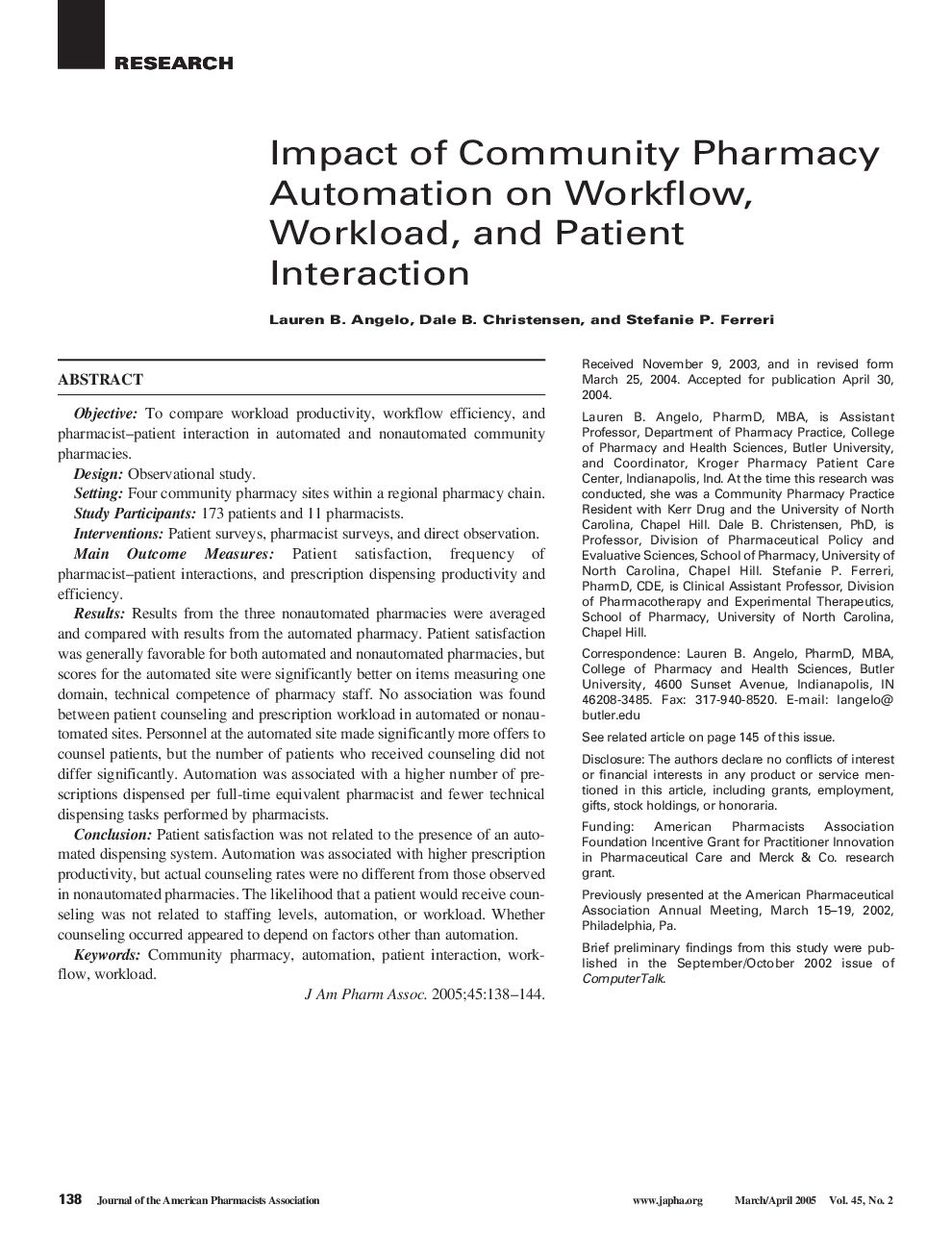 Impact of Community Pharmacy Automation on Workflow, Workload, and Patient Interaction