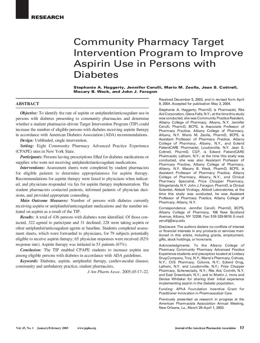 Community Pharmacy Target Intervention Program to Improve Aspirin Use in Persons with Diabetes