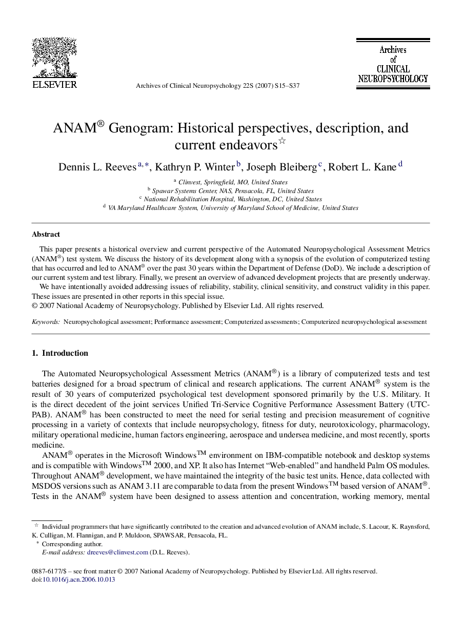 ANAM® Genogram: Historical perspectives, description, and current endeavors 