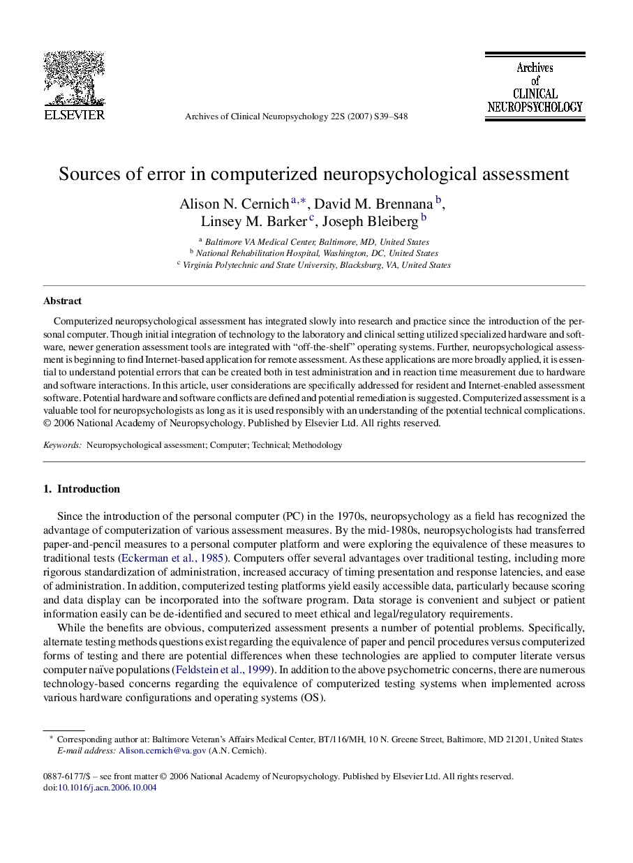 Sources of error in computerized neuropsychological assessment