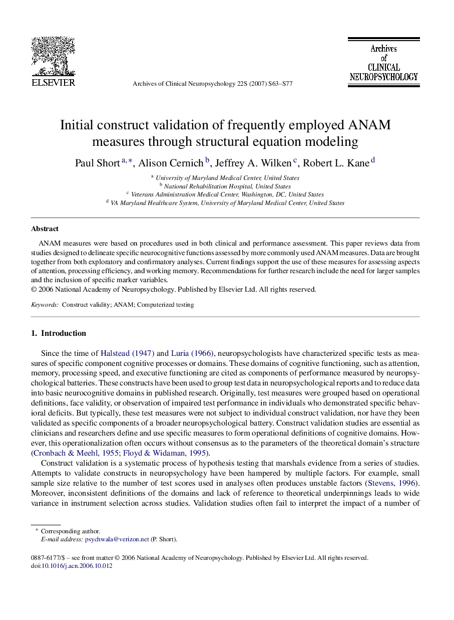 Initial construct validation of frequently employed ANAM measures through structural equation modeling