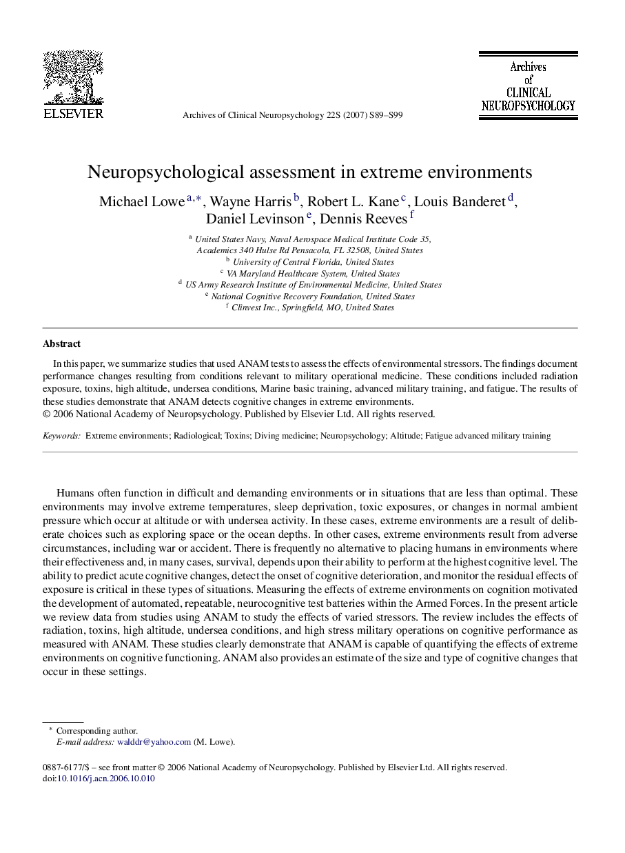 Neuropsychological assessment in extreme environments