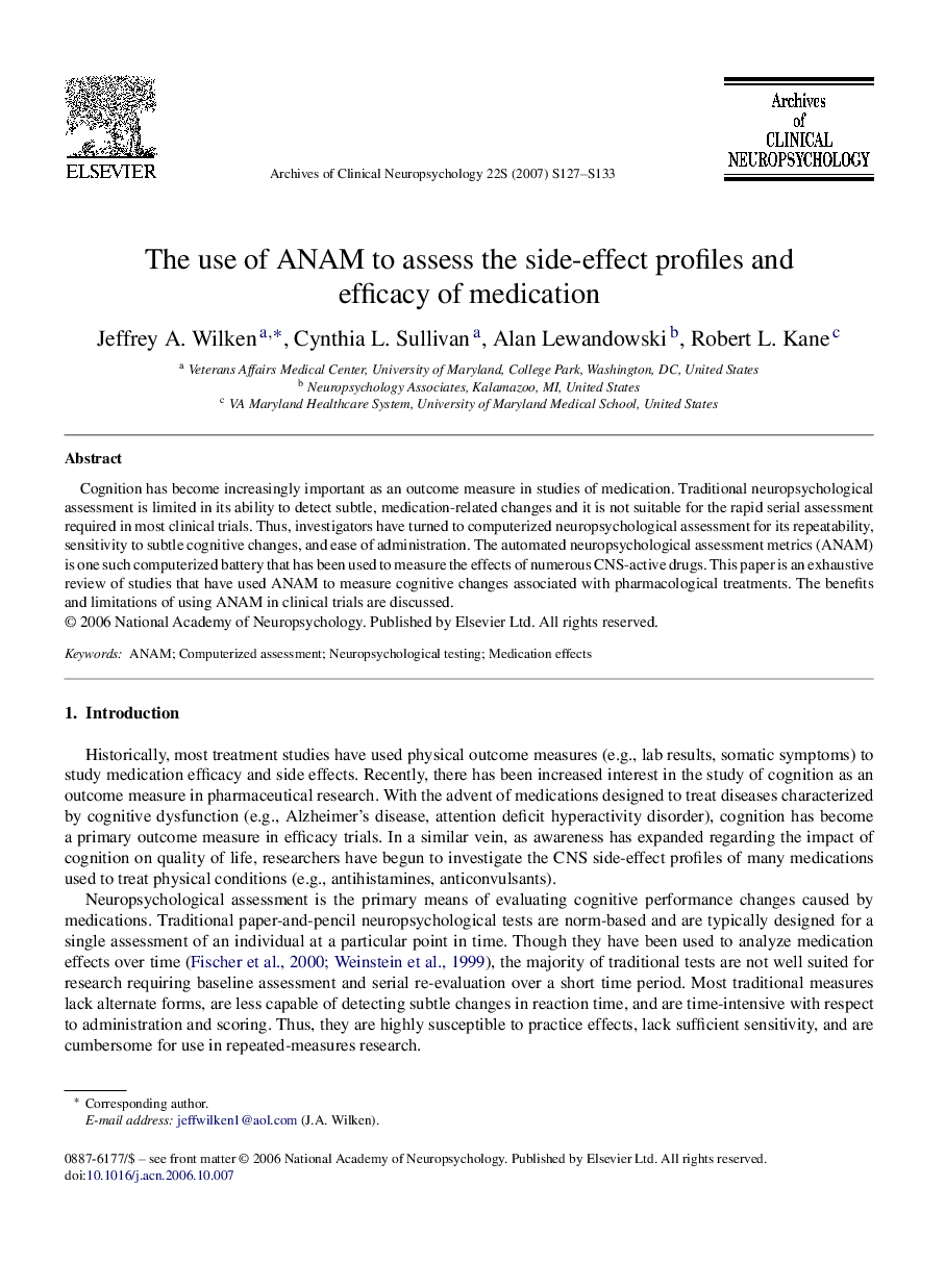 The use of ANAM to assess the side-effect profiles and efficacy of medication