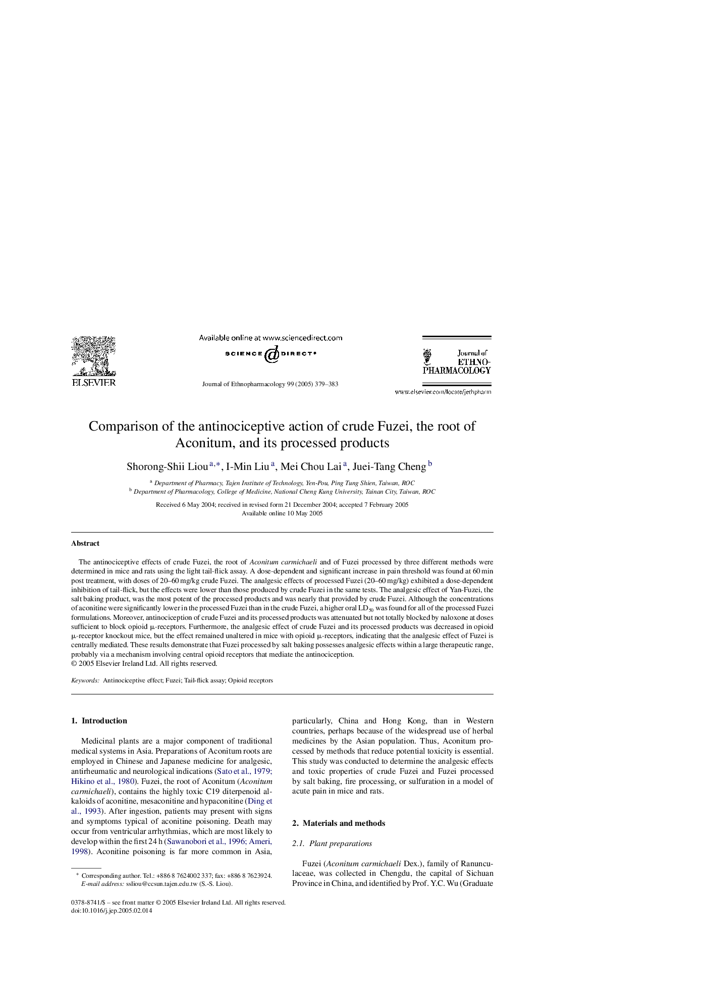 Comparison of the antinociceptive action of crude Fuzei, the root of Aconitum, and its processed products