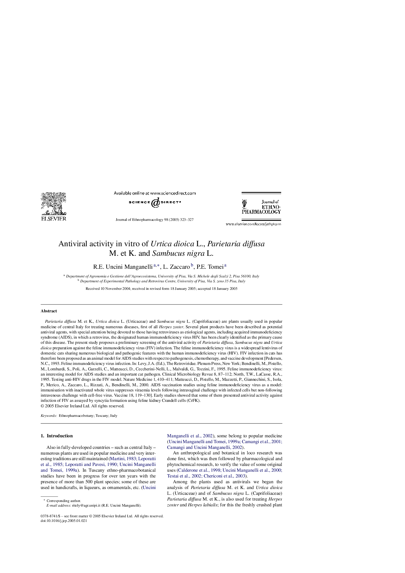 Antiviral activity in vitro of Urtica dioica L., Parietaria diffusa M. et K. and Sambucus nigra L.