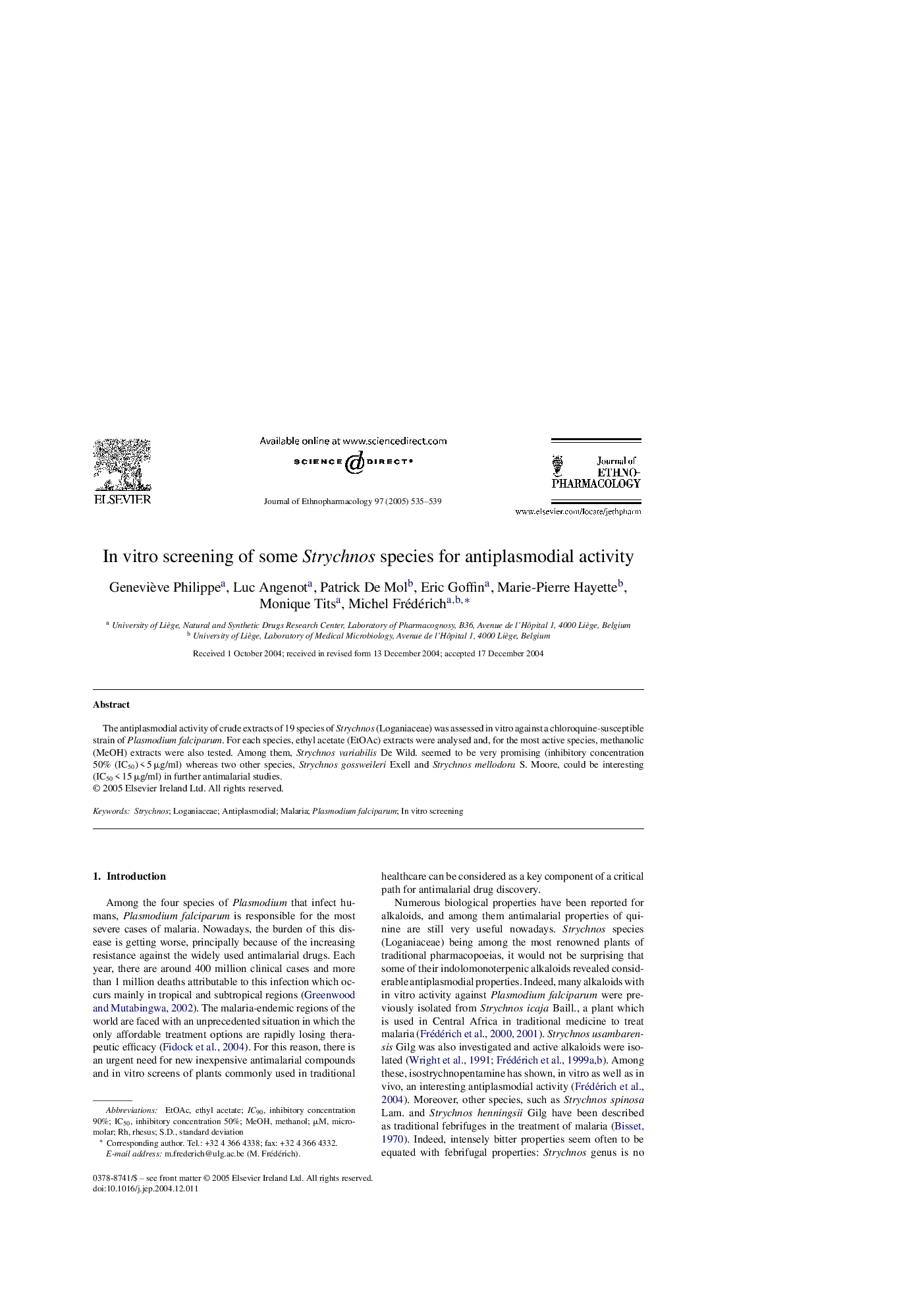 In vitro screening of some Strychnos species for antiplasmodial activity