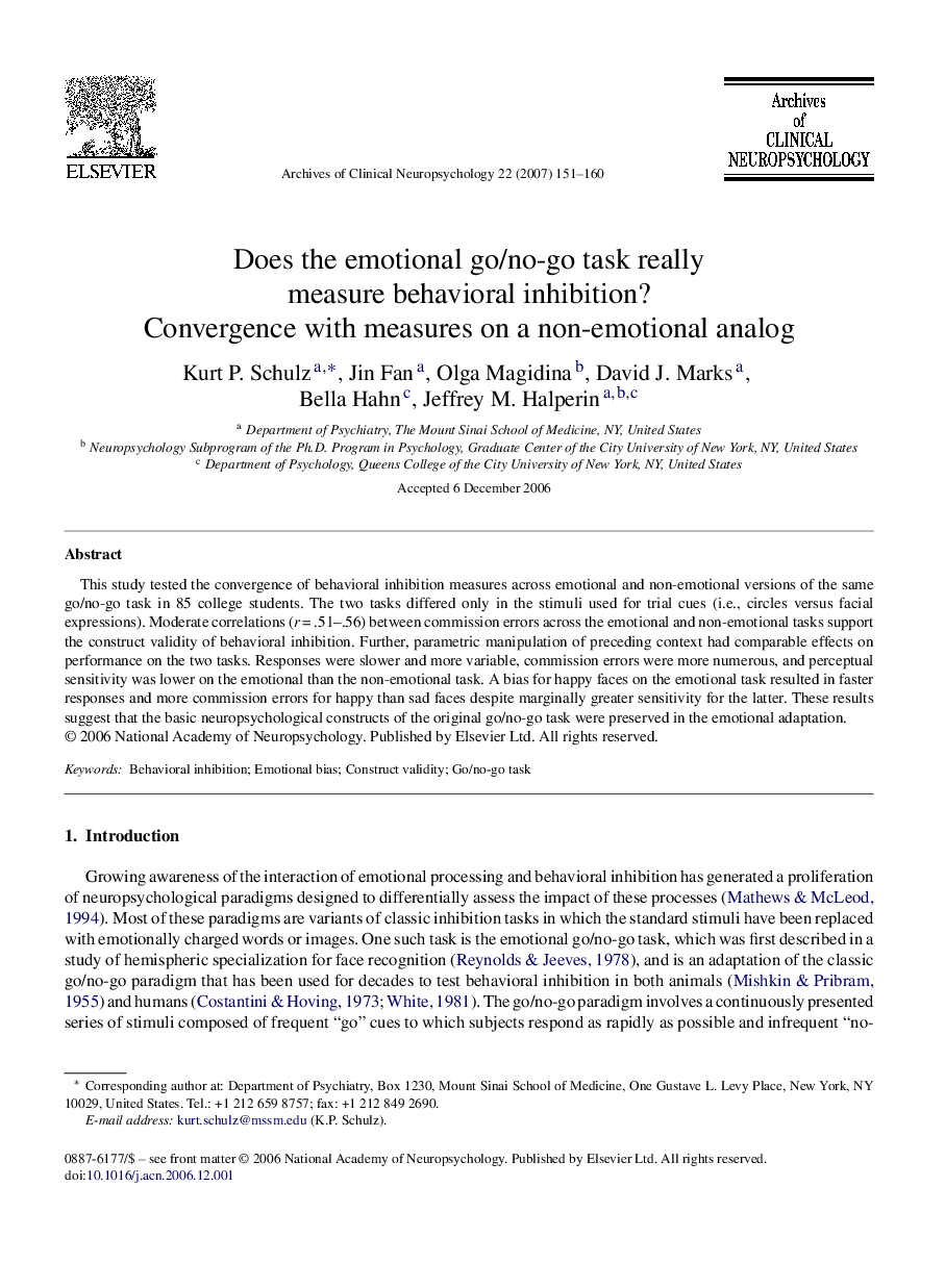 Does the emotional go/no-go task really measure behavioral inhibition?: Convergence with measures on a non-emotional analog