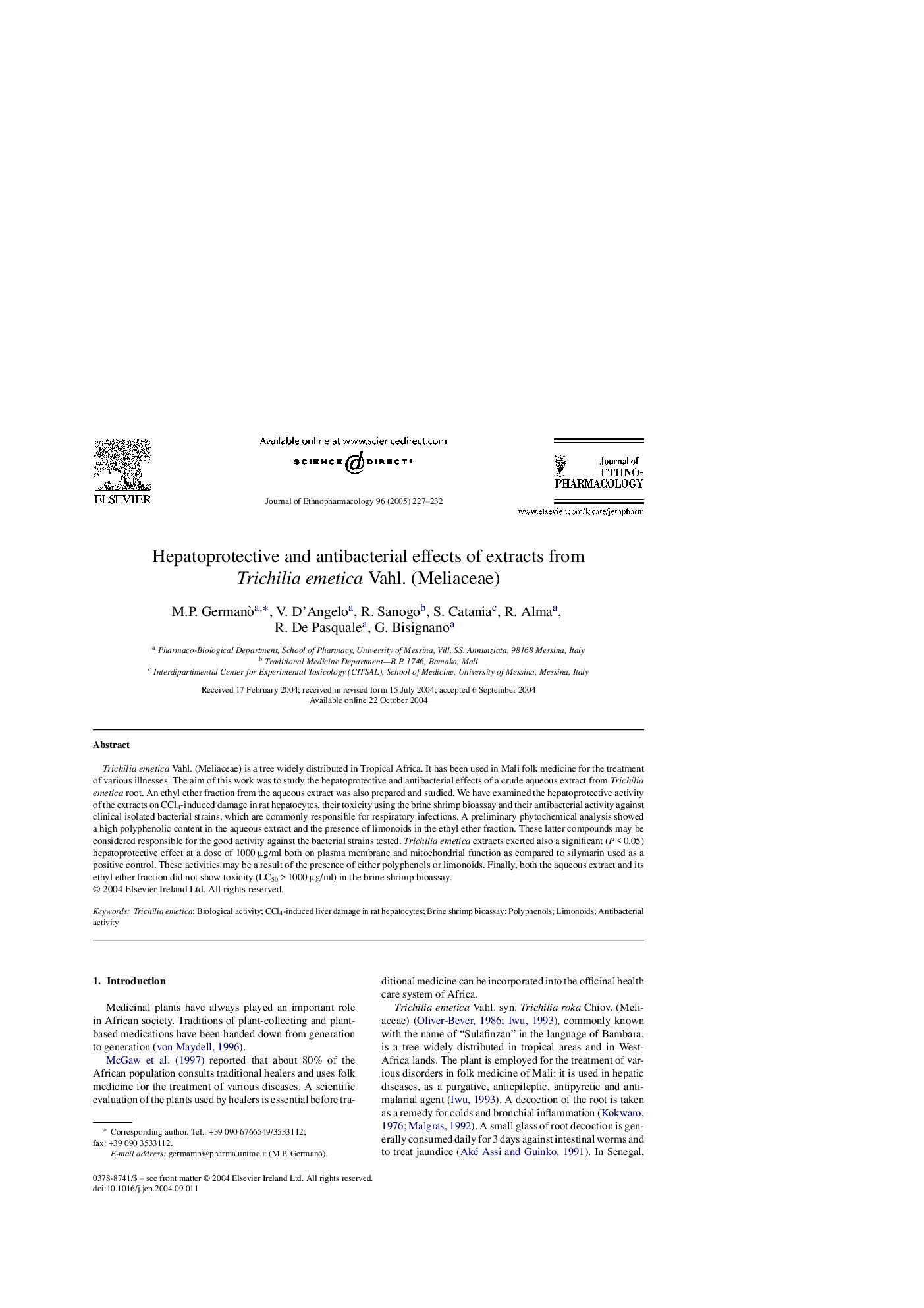 Hepatoprotective and antibacterial effects of extracts from Trichiliaemetica Vahl. (Meliaceae)