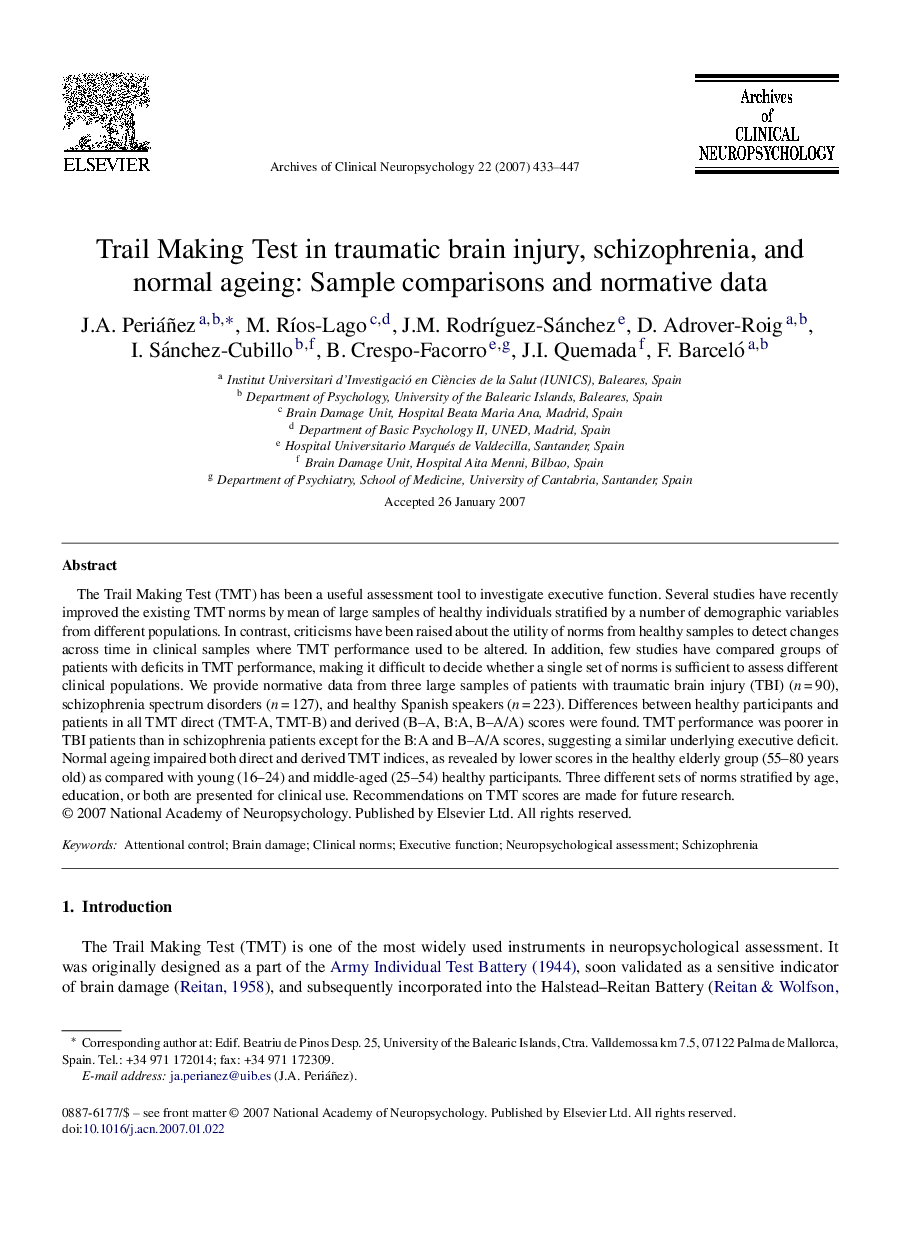 Trail Making Test in traumatic brain injury, schizophrenia, and normal ageing: Sample comparisons and normative data