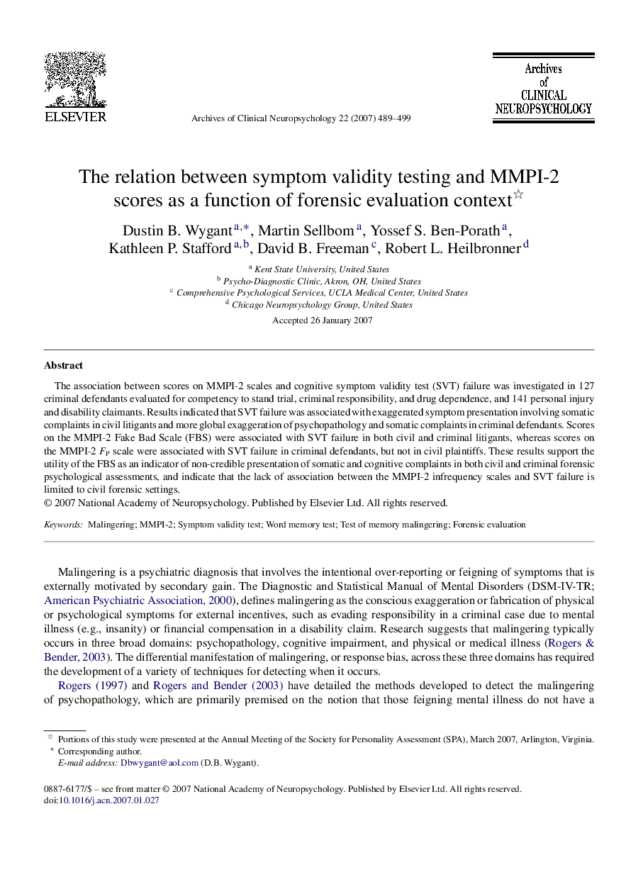 The relation between symptom validity testing and MMPI-2 scores as a function of forensic evaluation context 