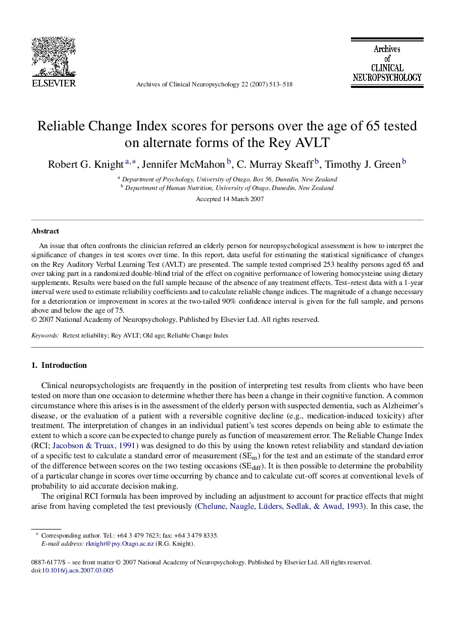 Reliable Change Index scores for persons over the age of 65 tested on alternate forms of the Rey AVLT