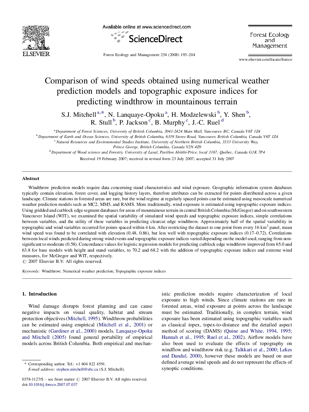 Comparison of wind speeds obtained using numerical weather prediction models and topographic exposure indices for predicting windthrow in mountainous terrain