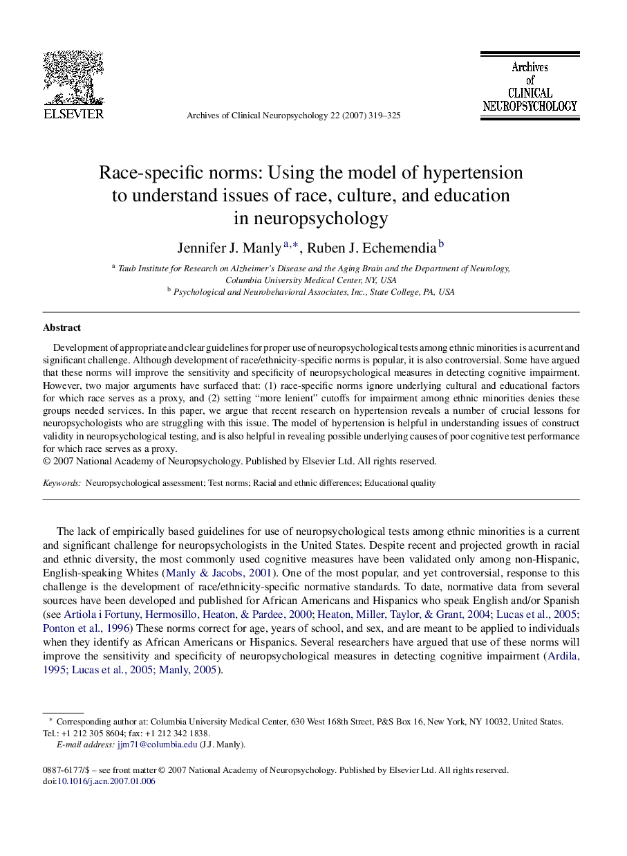 Race-specific norms: Using the model of hypertension to understand issues of race, culture, and education in neuropsychology